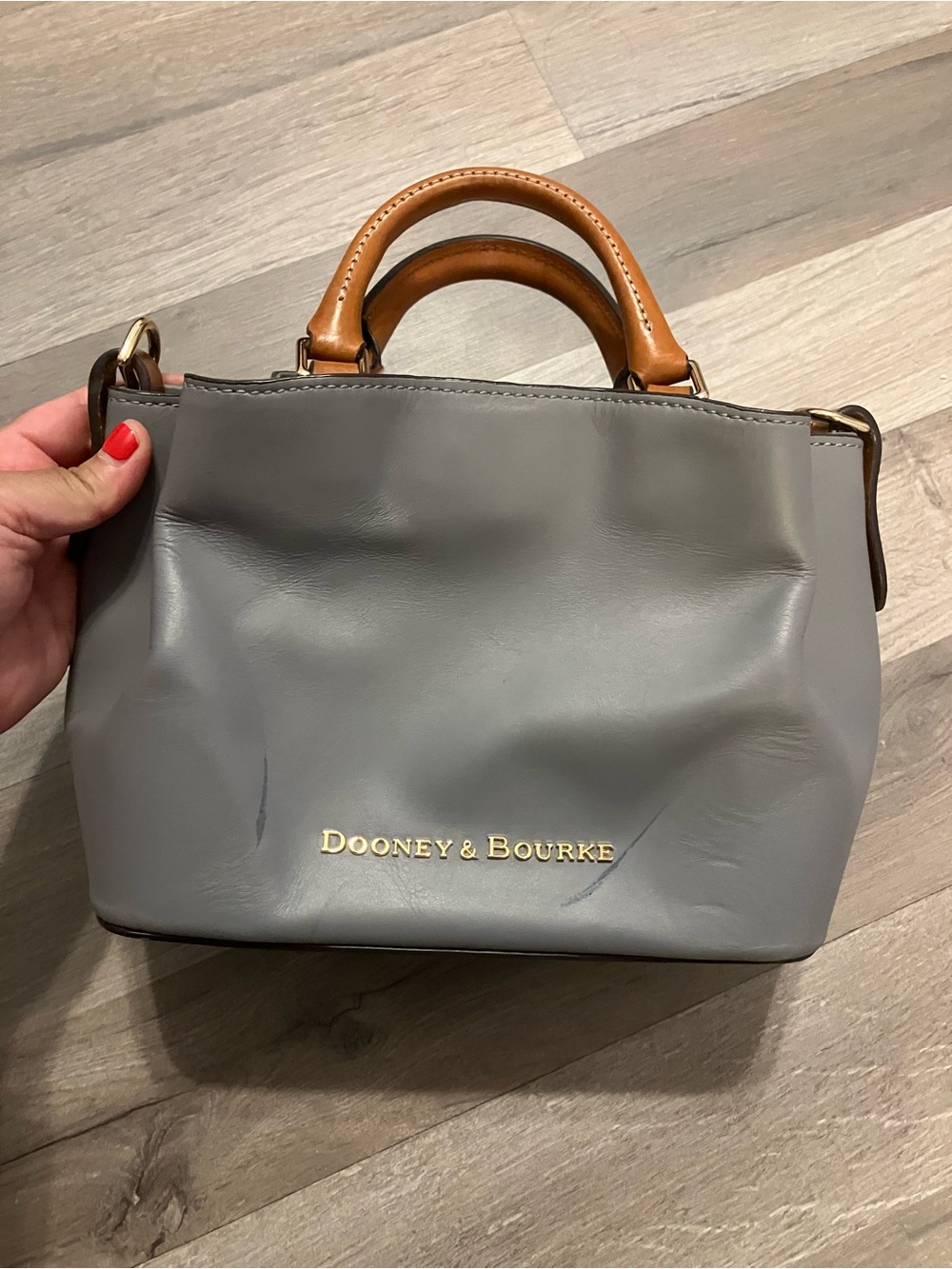 Dooney & Bourke Gray Leather Satchel with Tan Handles and Gold Logo